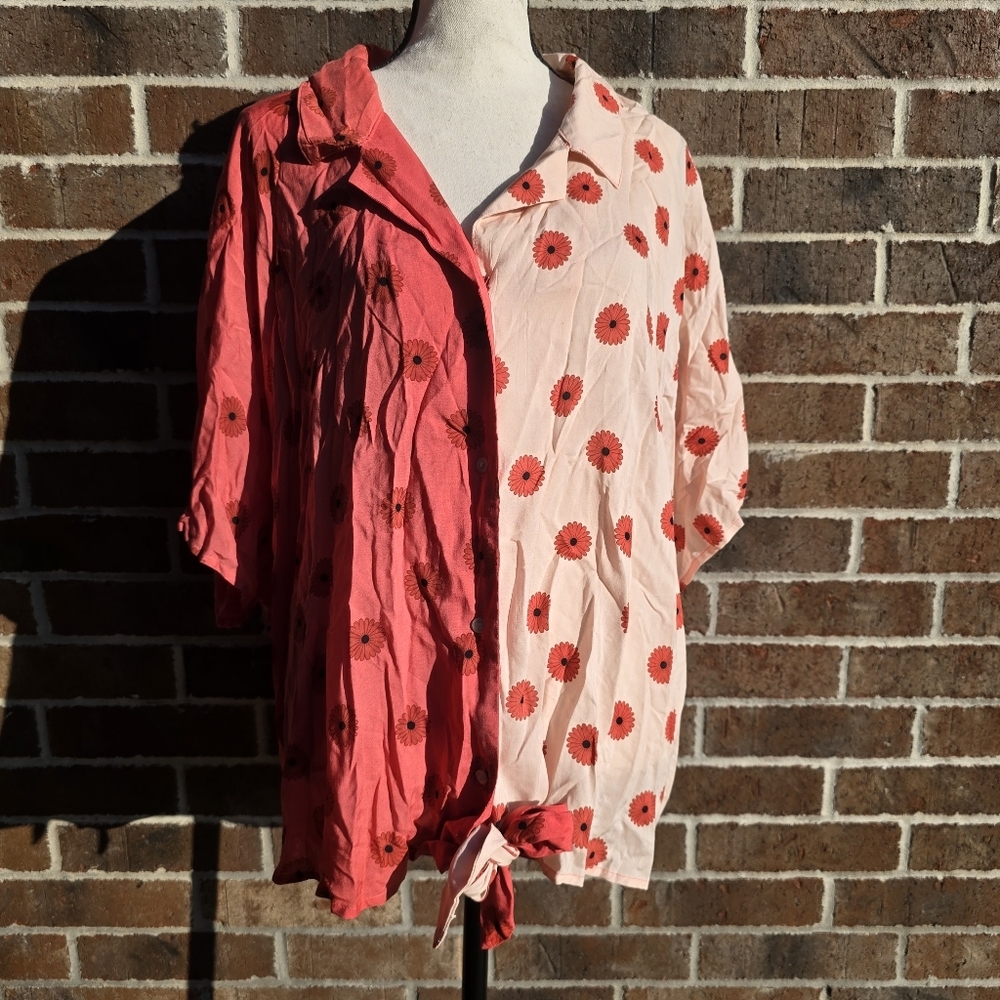 Cato Red and Pink Floral Button-Down Shirt